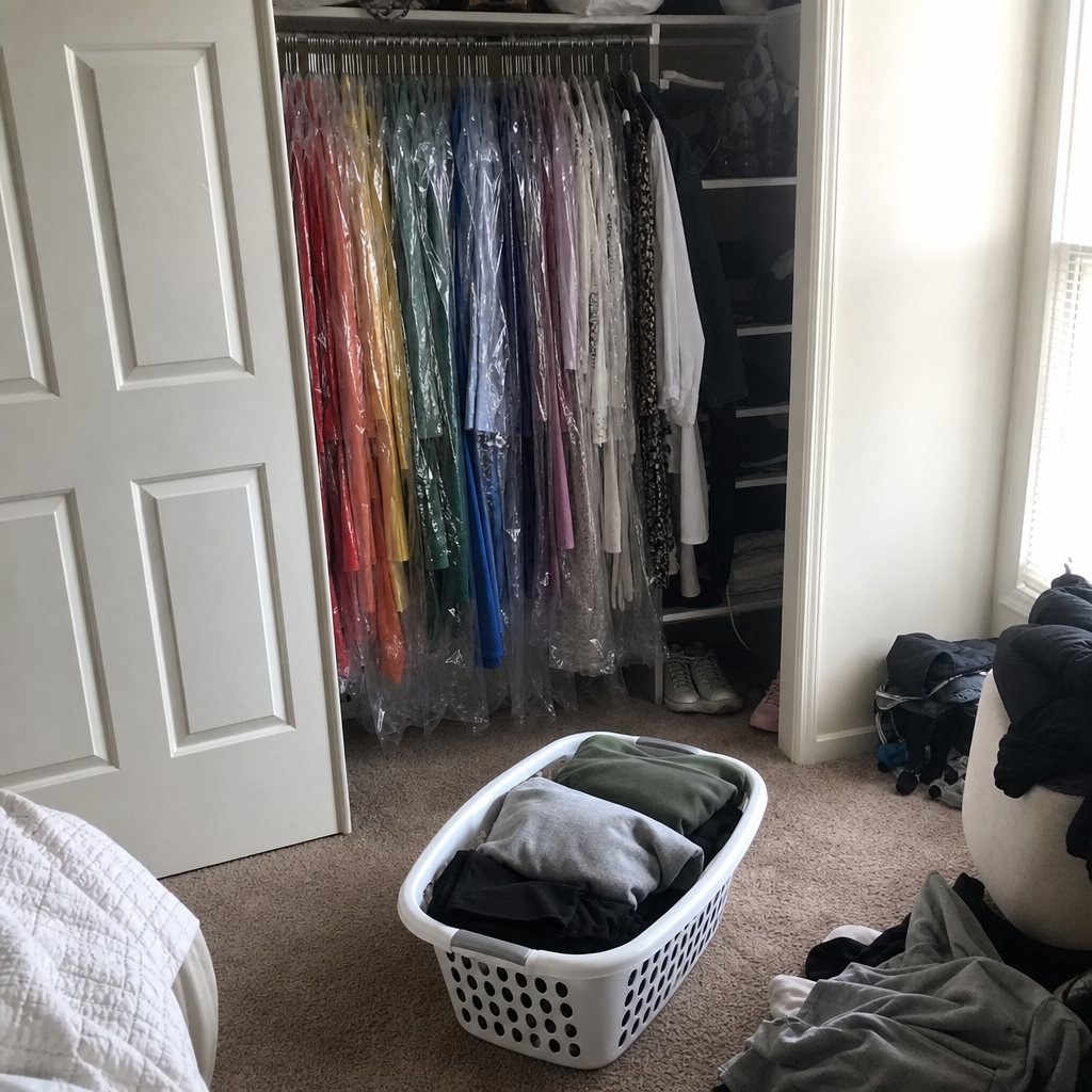 A closet of fitted clothes sealed in dry cleaner plastic, a laundry basket of sweats on the floor in front