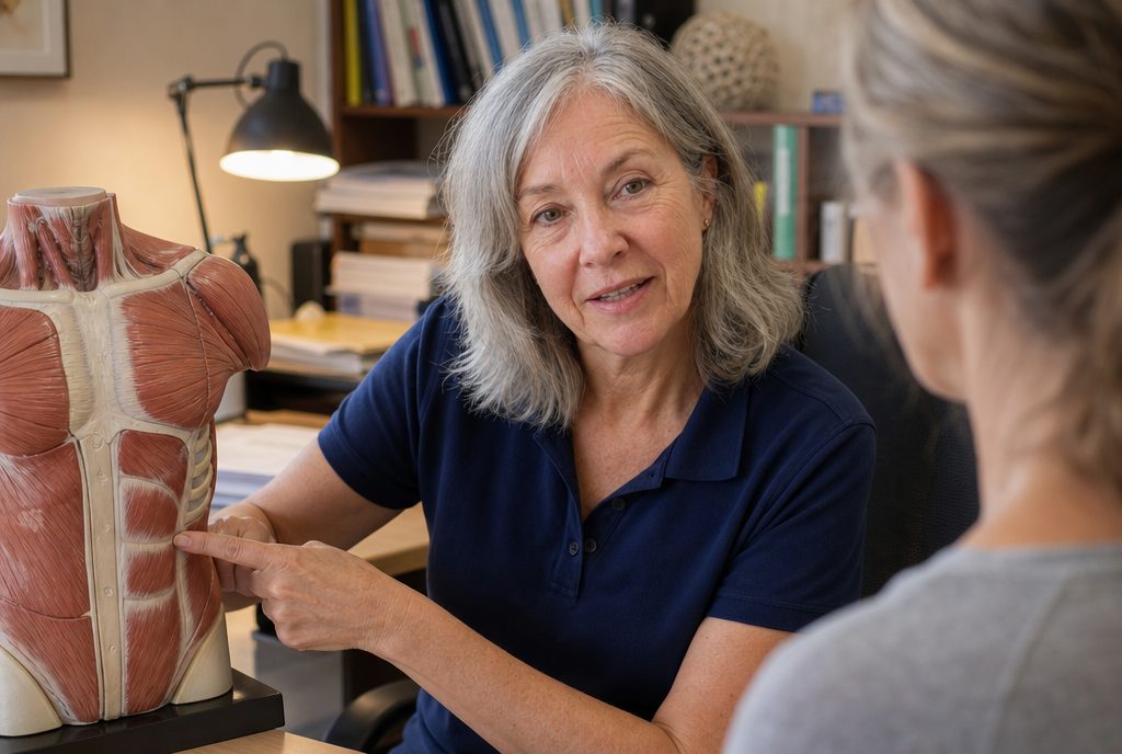 Clinician pointing to the abdominal wall on an anatomical torso model